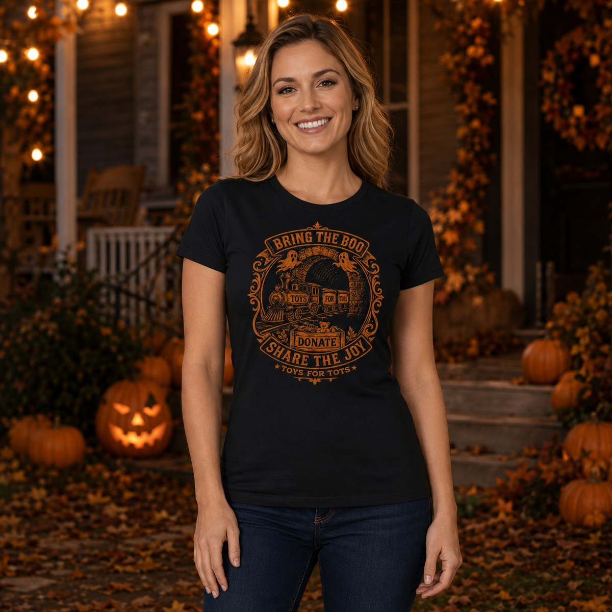 Woman wearing the Limited Edition Boo Halloween fitted black T-shirt