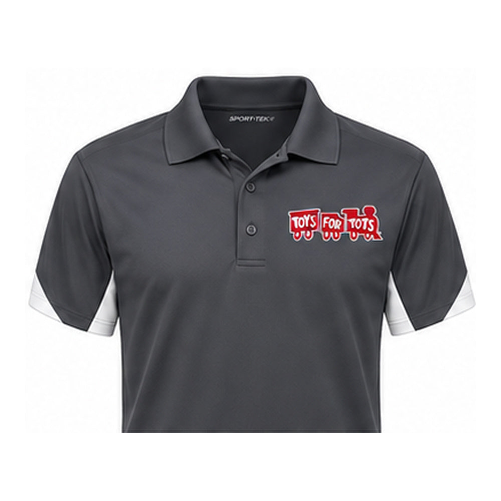 TFT Train Club Colorblock Polo ST444 — Iron Grey / White — left-chest embroidery preview