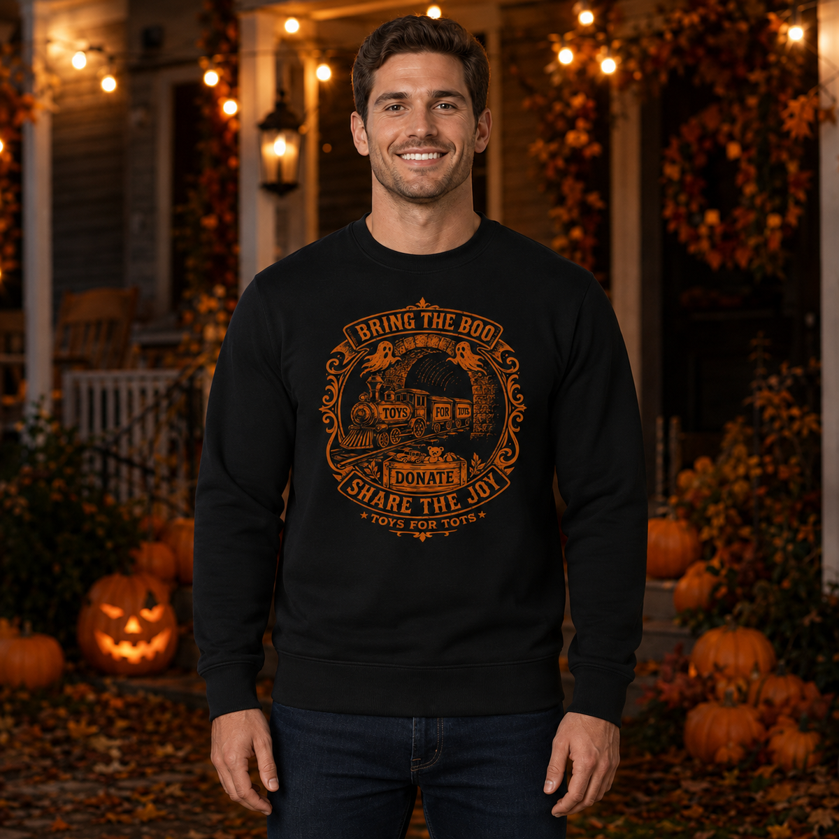 Man wearing the Limited Edition Boo Halloween adult black crewneck sweatshirt