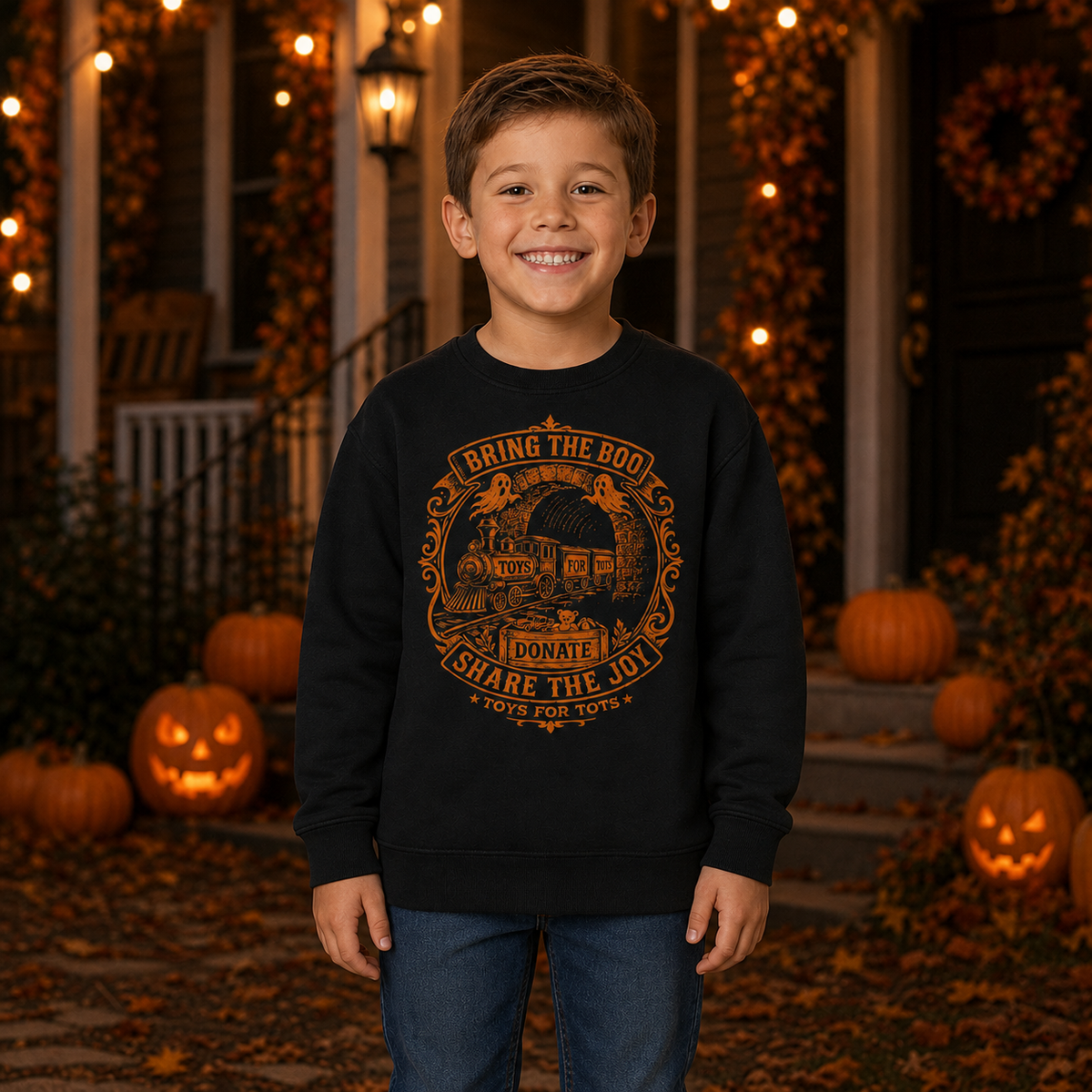 Child wearing the Limited Edition Kids Boo Halloween black crewneck sweatshirt
