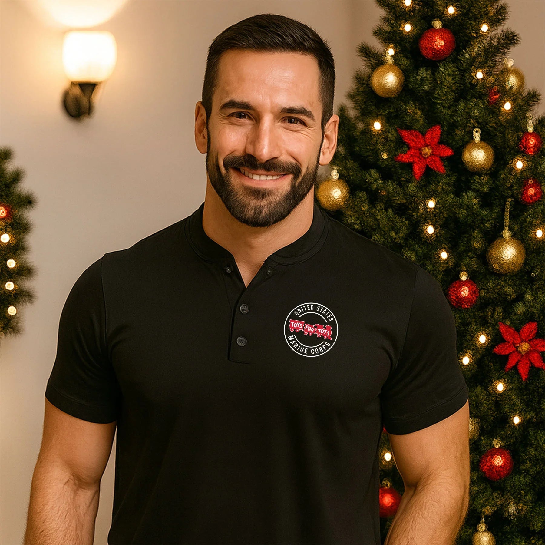 Mock Neck Stretch Pique Henley with Circle Chest Seal - TFT GIFT SHOP