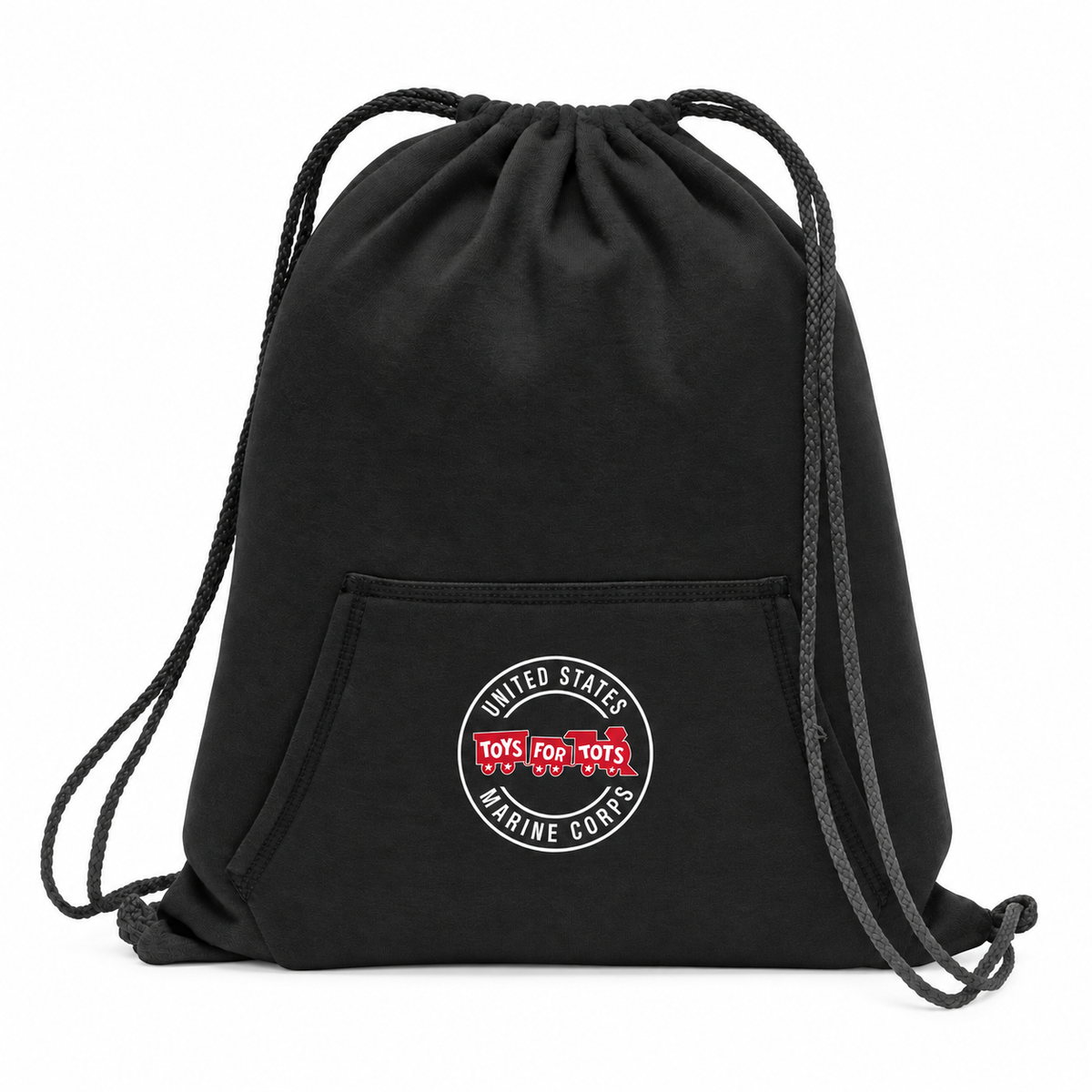 Black TFT Core Fleece Sweatshirt Cinch Pack with circle Toys for Tots logo on the front pocket