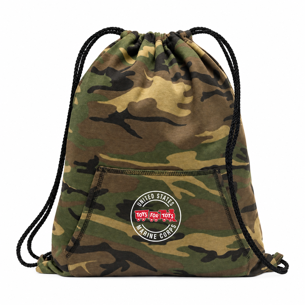 Camo TFT Core Fleece Sweatshirt Cinch Pack with circle Toys for Tots logo on the front pocket
