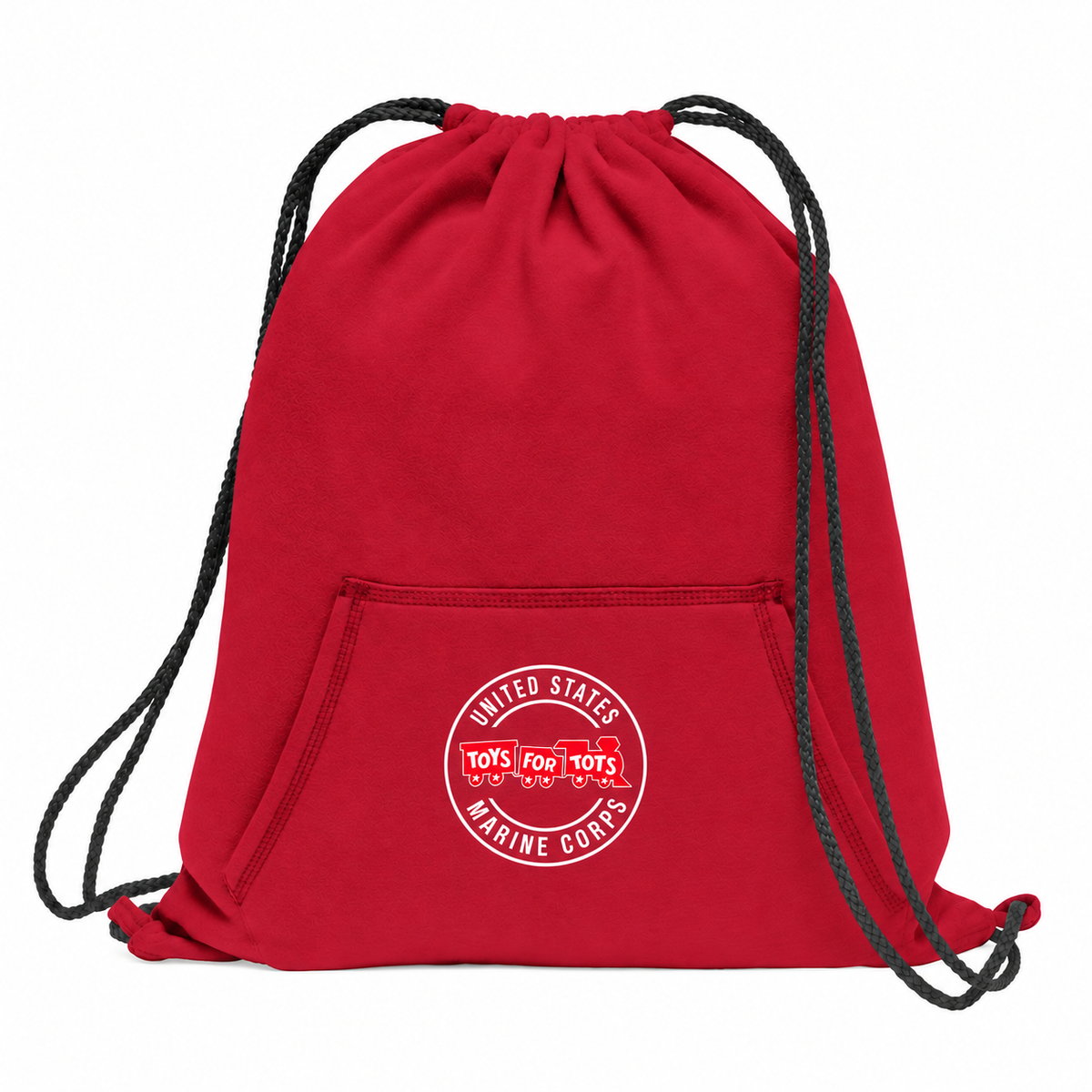 Red TFT Core Fleece Sweatshirt Cinch Pack with circle Toys for Tots logo on the front pocket
