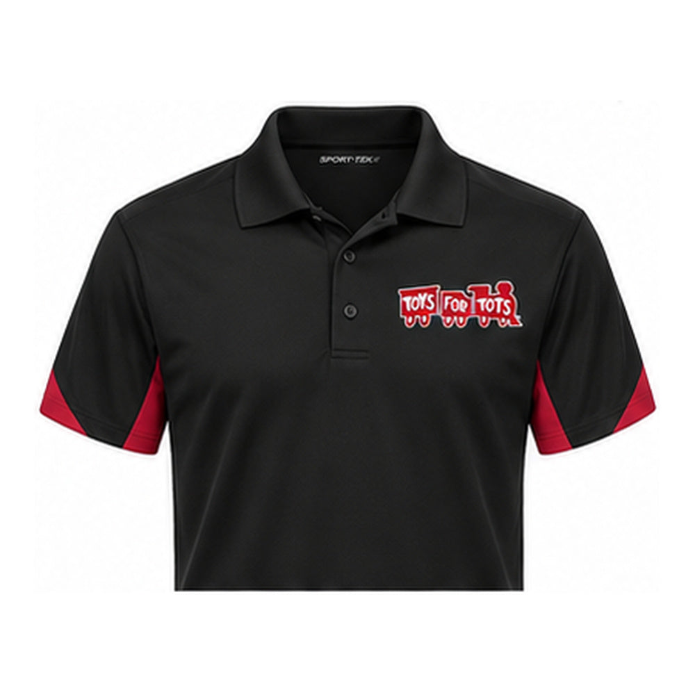 TFT Train Club Colorblock Polo ST444 — Black / Deep Red — left-chest embroidery preview
